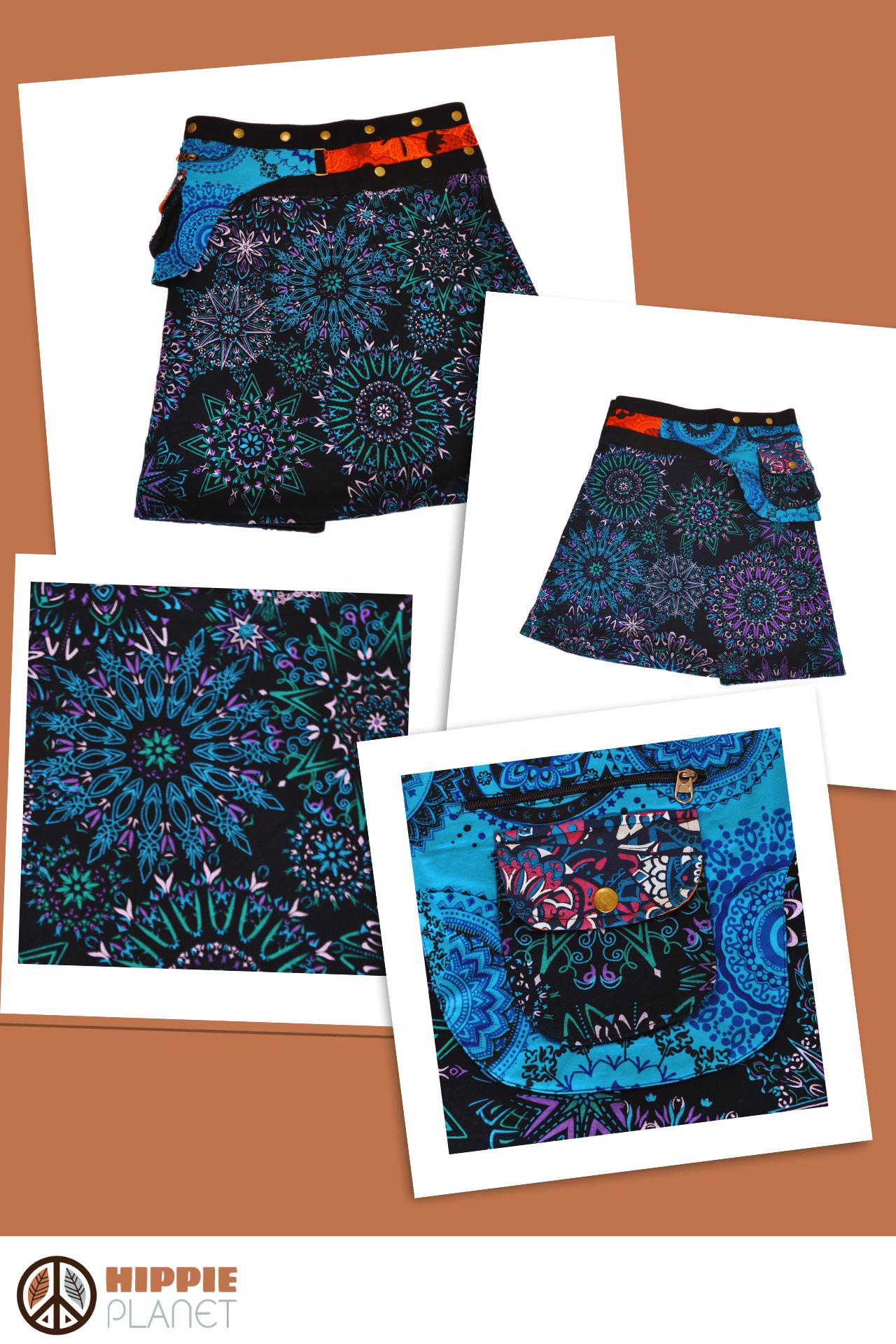 HIPPIE PLANET Миди памучно здолниште со џеб сличен на ташничка, црна - шарена 2