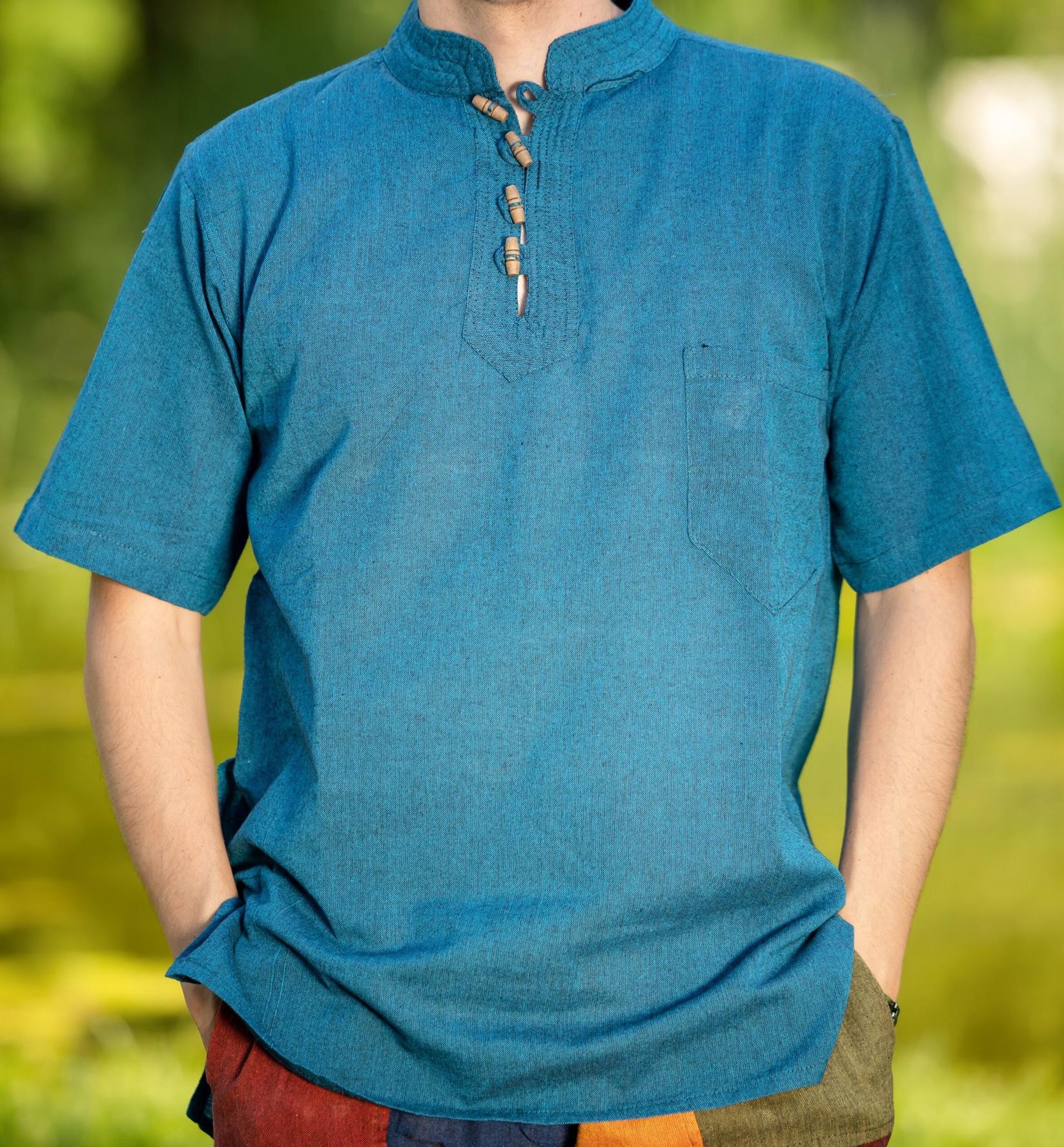 HIPPIE PLANET Кошула со кратки ракави, со дрвени копчиња - L, сина