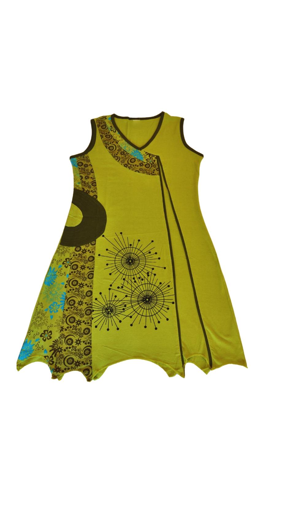 HIPPIE PLANET Шарен фустан, рачно шиен (V изрез)- M, зелена