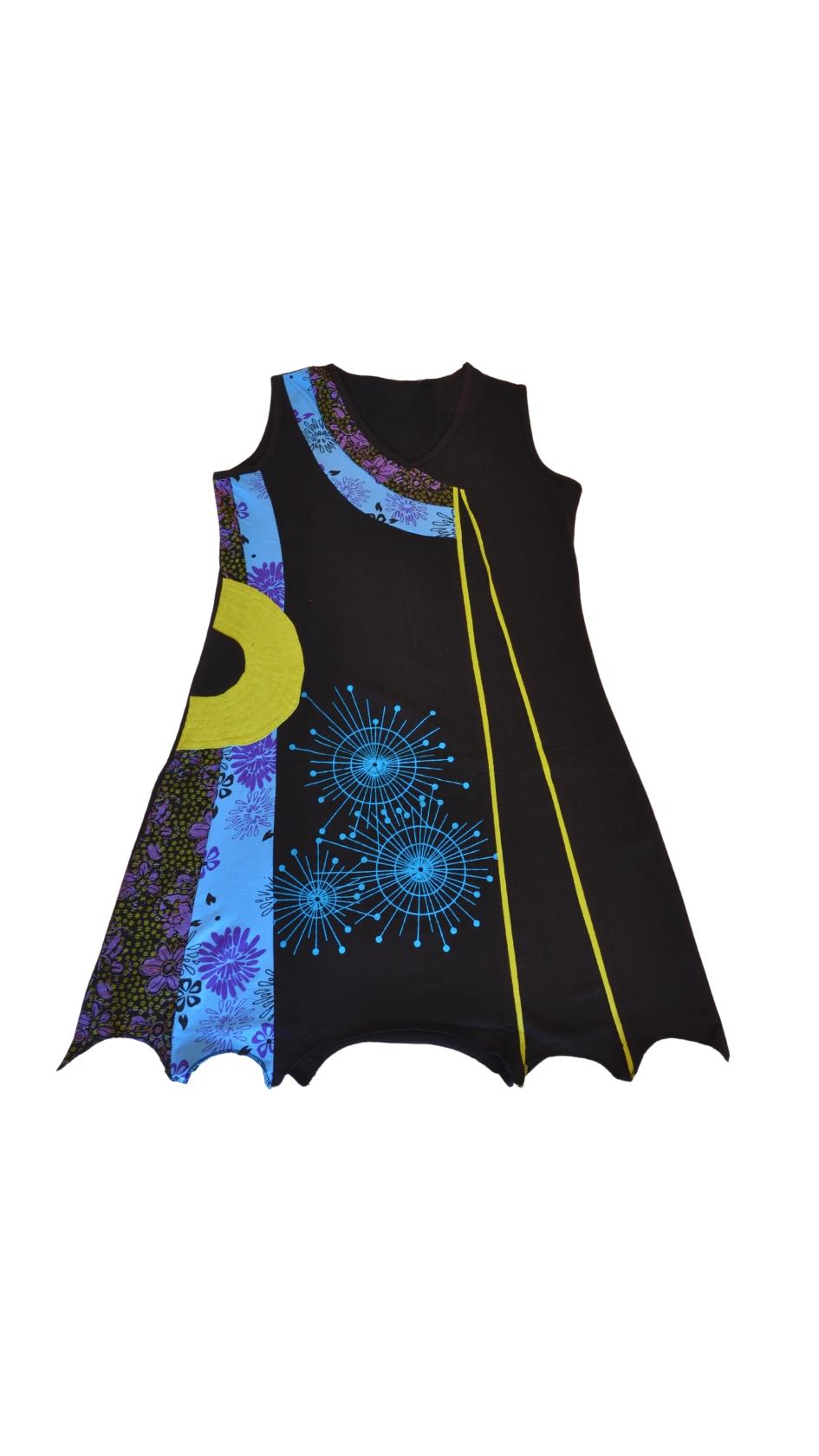 HIPPIE PLANET Шарен фустан, рачно шиен (V изрез)- M, црна - шарена