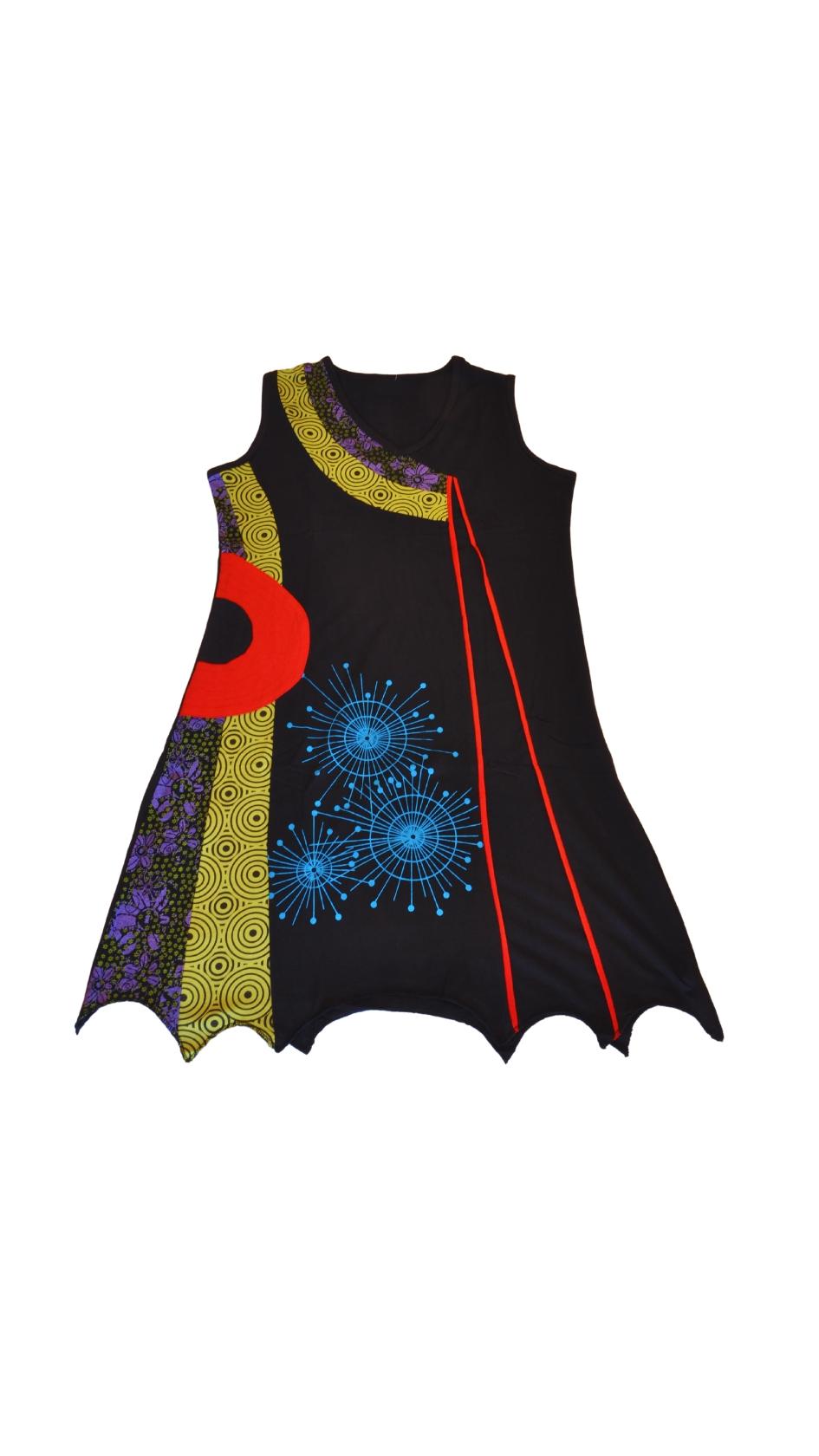 HIPPIE PLANET Шарен фустан, рачно шиен (V изрез)- M, црна - шарена 2