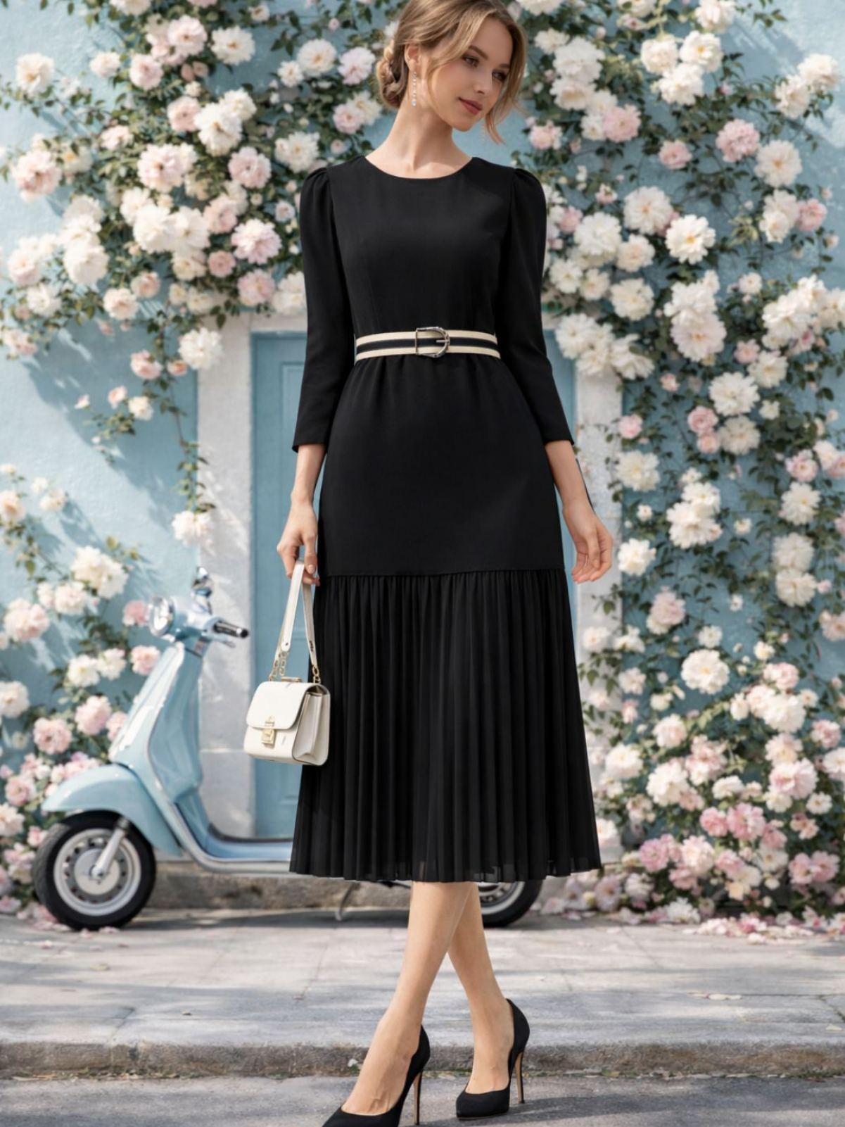 IVERI Миди еднобоен фустан со плисиран долен дел