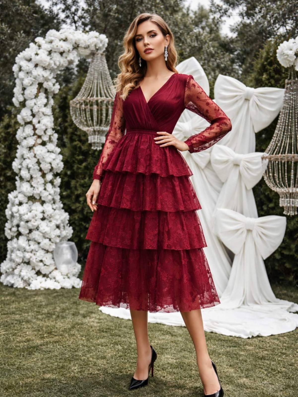 IVERI Слоевит миди бордо фустан од тул