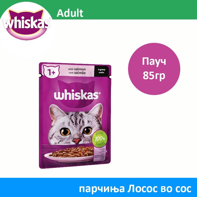 Whiskas 1+ Влажна храна за Возрасни мачки со Парчиња Лосос во сос [Кесичка 85гр]