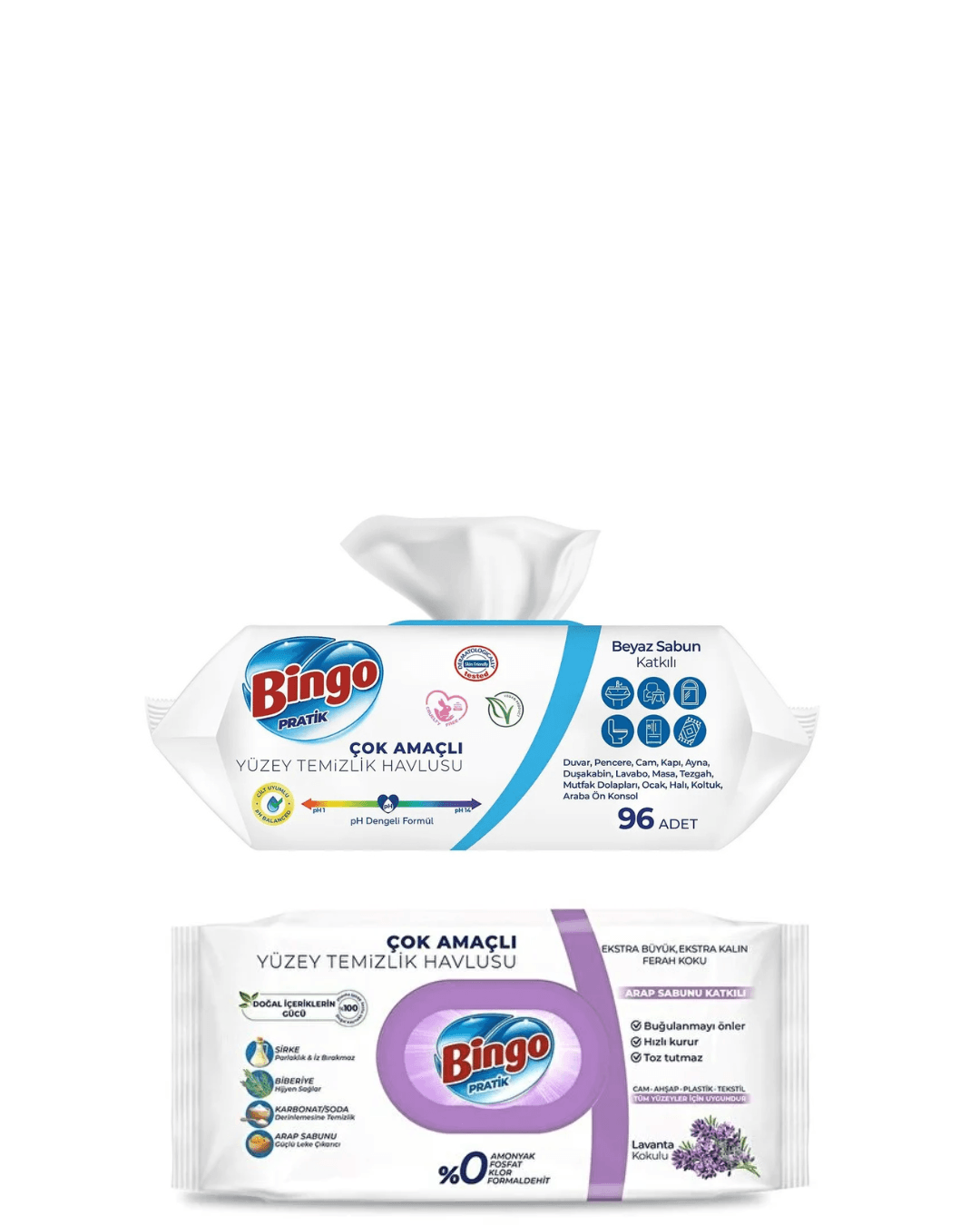 BINGO Влажни марамици за површина / 96 / лаванда + BINGO влажни марамици за површина / 96 / бел сапун