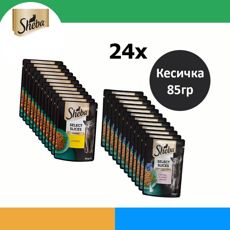 Sheba Влажна храна за Возрасни мачки со Парчиња Пилешко и Лосос во сос СЕТ 24х [Кесичка 85гр]