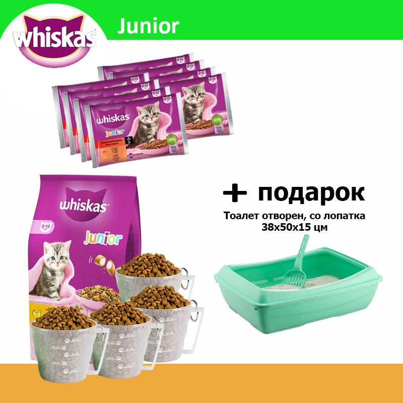 Whiskas Junior сет Сува и Влажна храна за мачки + Dubex отворен Тоалет за мачки со подарок Лопатка