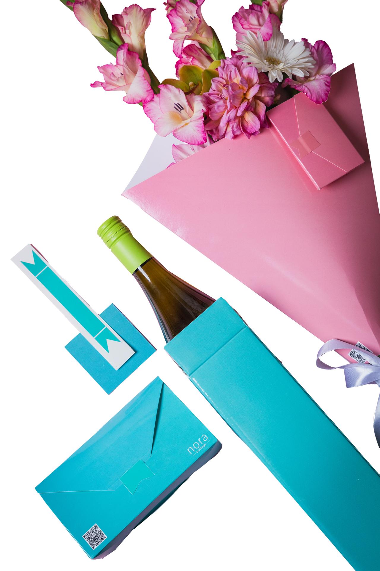 Nora package Сет од декоративно пакување за цвеќе розево, кутија за пијалак ментол сина и плик ташничка ментол сина