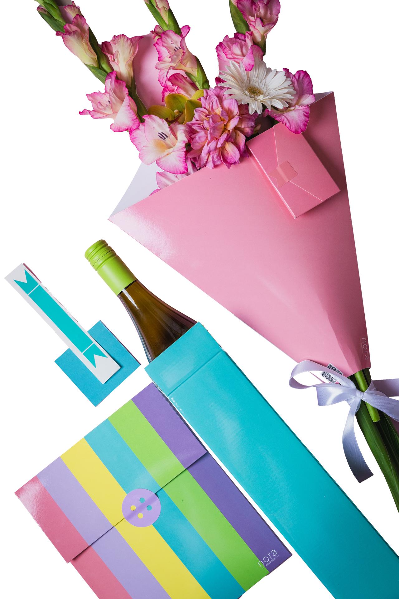 Nora package Сет од декоративно пакување за цвеќе розево, кутија за пијалак ментол сина и шарен голем џеб плик