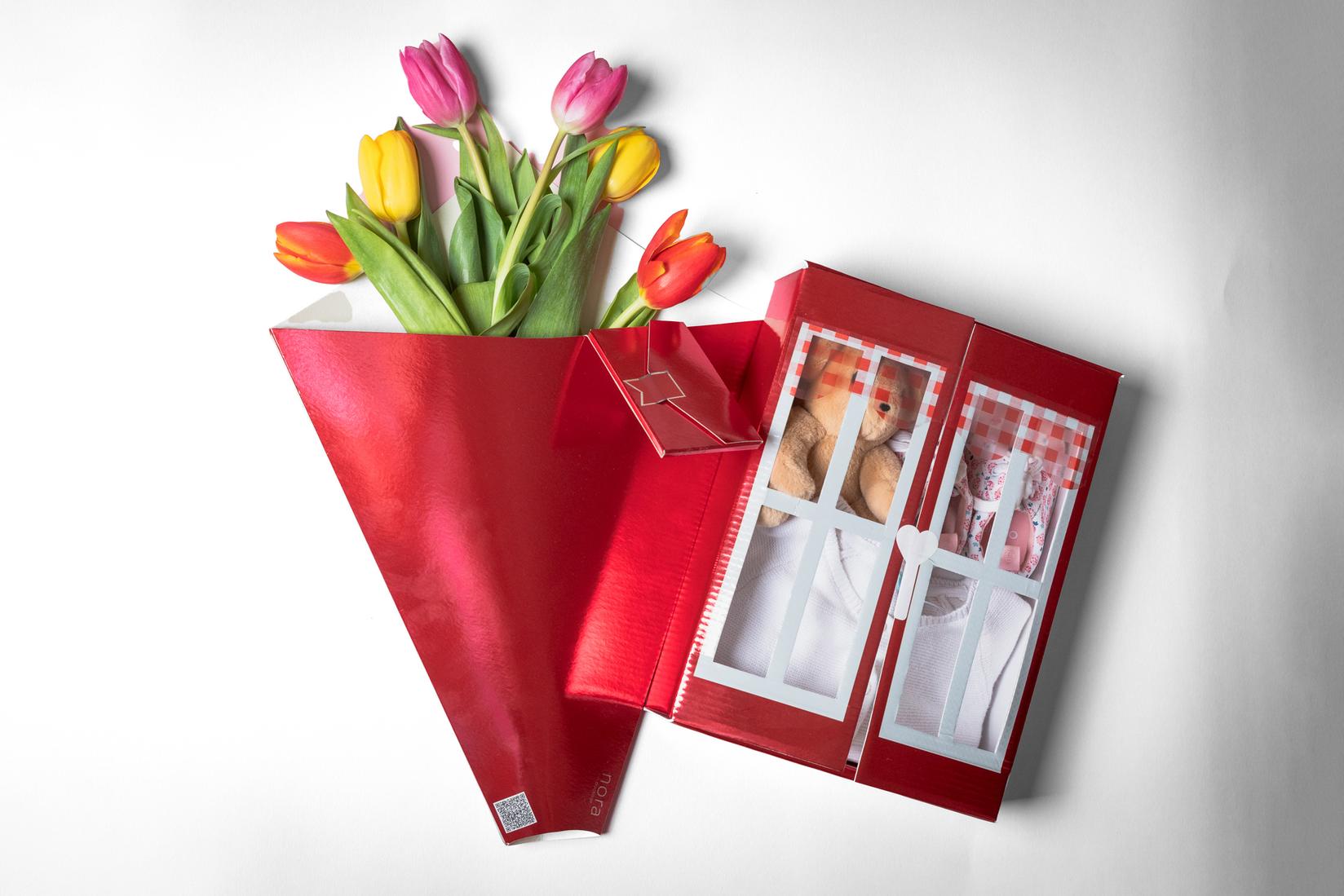 Nora package Сет од декоративно пакување за цвеќе црвено и кутија прозорец црвена