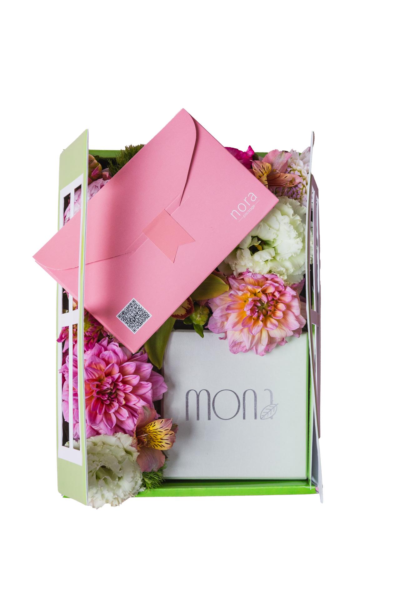 Nora package Сет од кутија прозорец зелена и мал плик розев