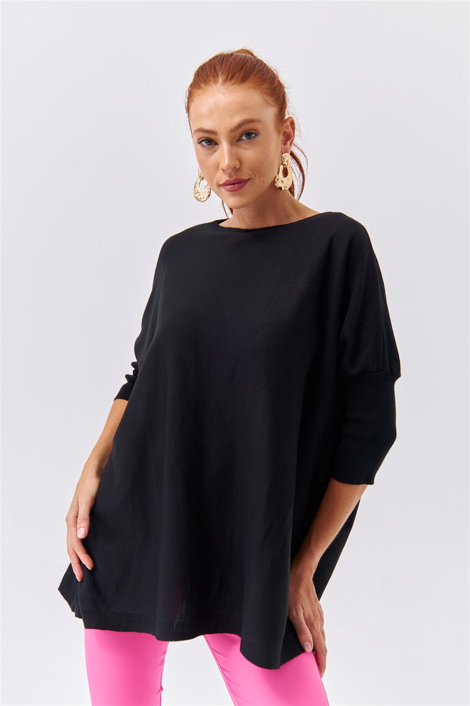 DUNIPA Плетена Блуза широка со кратки ракави - црна боја
