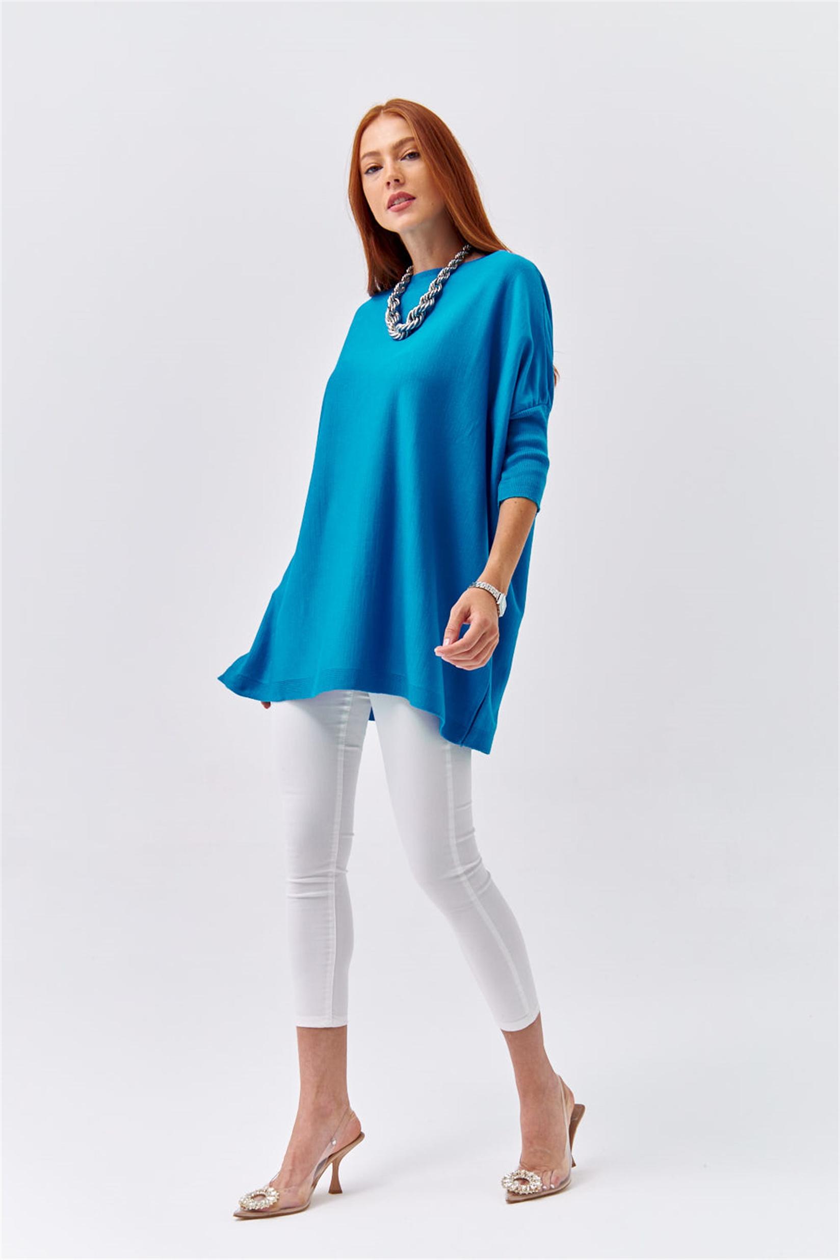 DUNIPA Плетена Блуза широка со кратки ракави - плава боја