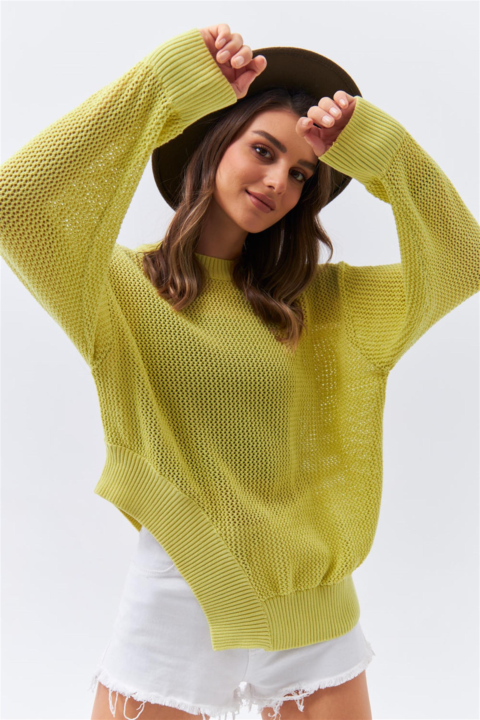 DUNIPA Плетена Мрежеста блуза со округла јака - зелена боја