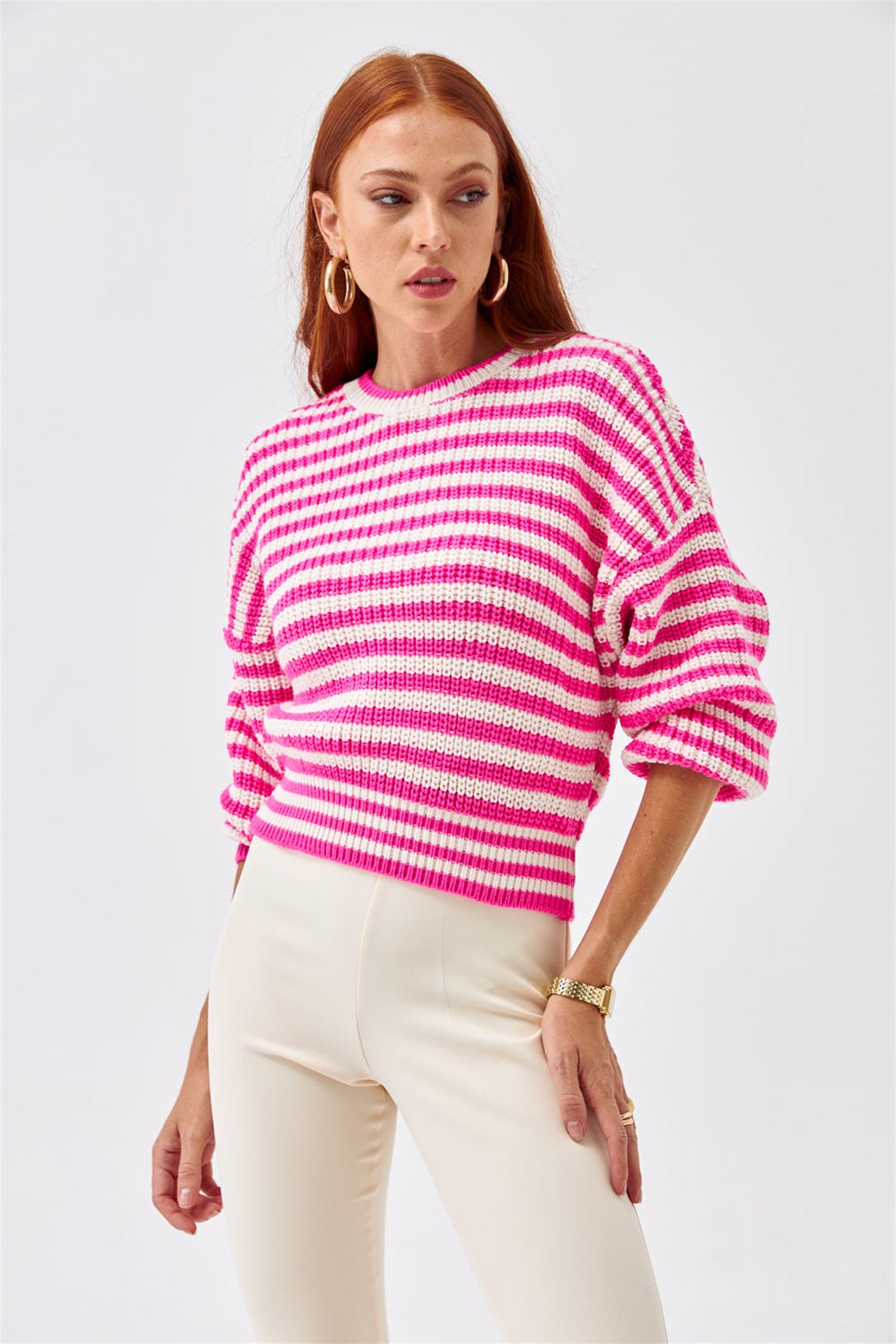 DUNIPA Плетена пругаста блуза - розева боја
