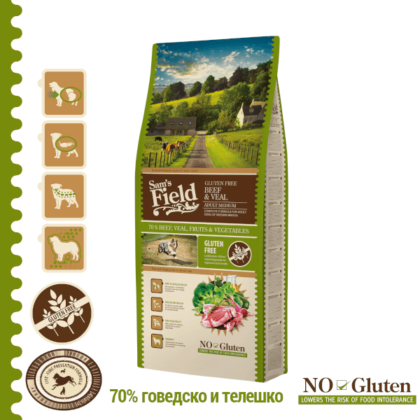 Sam's Field Храна за Возрасни Кучиња ADULT MEDIUM Gluten Free со Говедско, Овошје и Зеленчук 13kg