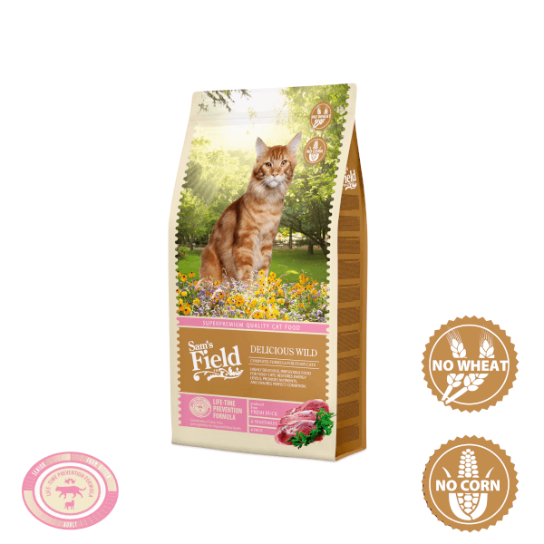Sam's Field Сува Храна за Возрасни Мачки Delicious Wild со Патка, Пилешко, Овошје и Зеленчук