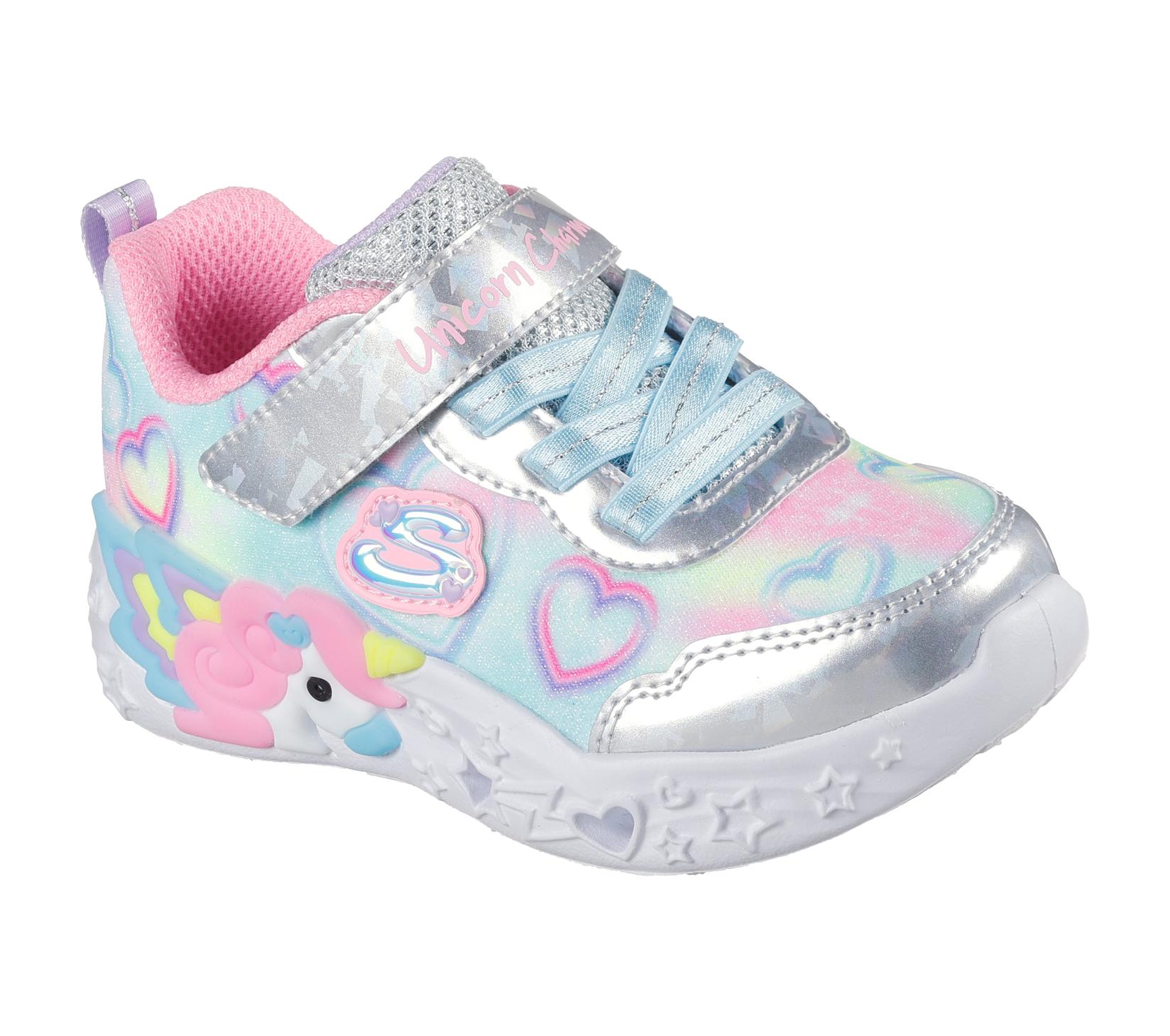 Skechers Патики за девојчиња S Lights-Еднорог Charmer-Lil, 303064N-SMLT, сребрени