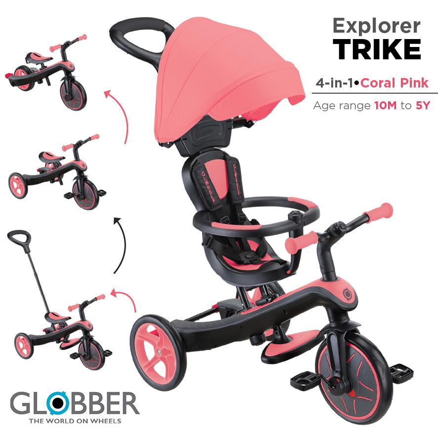 Globber Трицикл и баланс велосипед EXPLORER 4 во 1 Корално розов