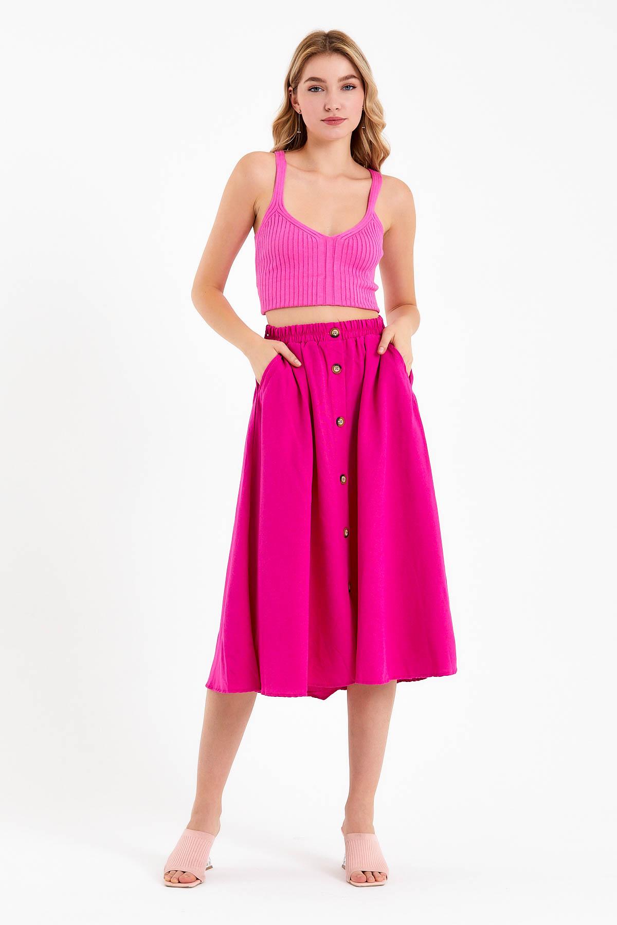 DUNIPA Сукња ленена со копчиња - розева боја