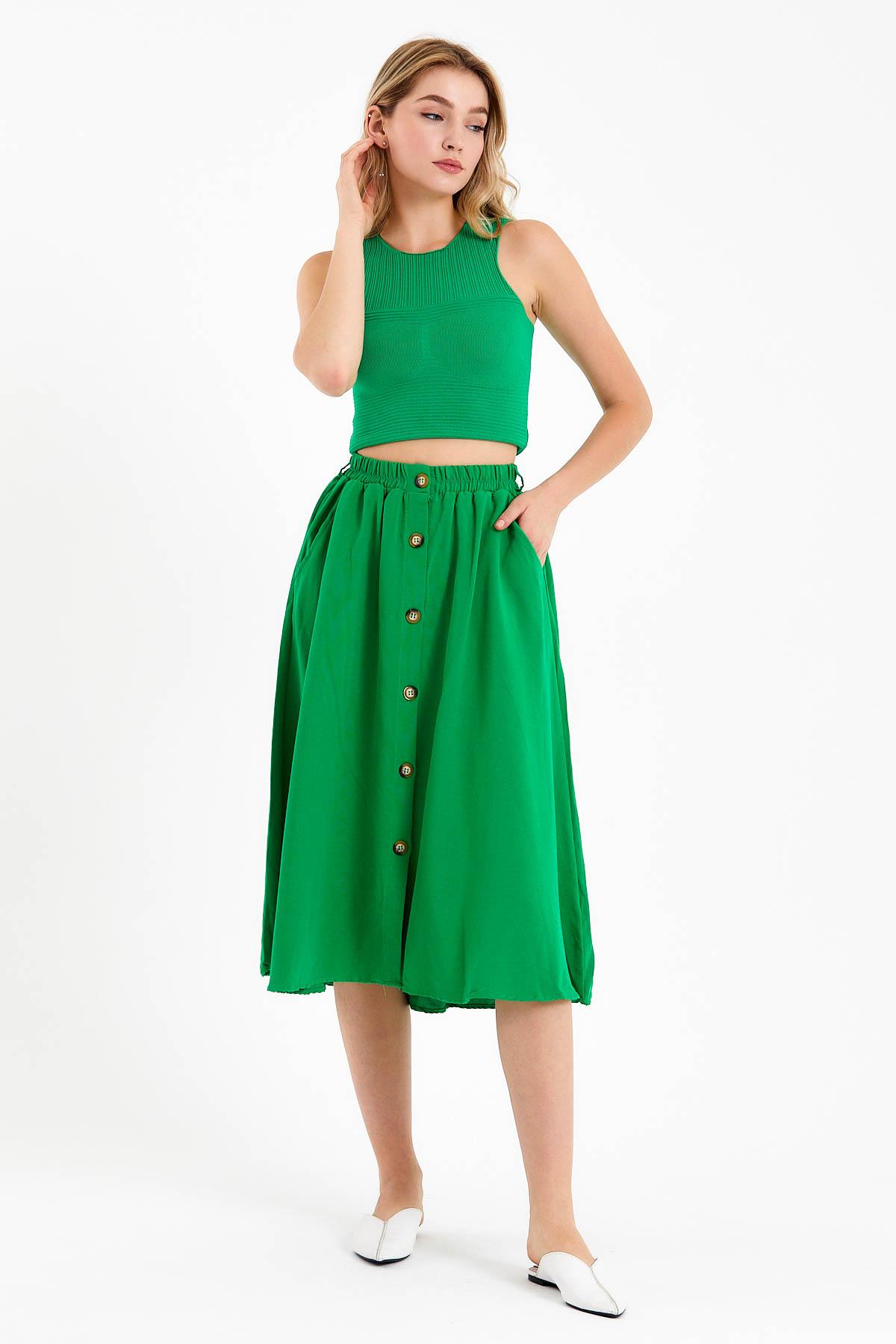 DUNIPA Сукња ленена со копчиња - зелена боја