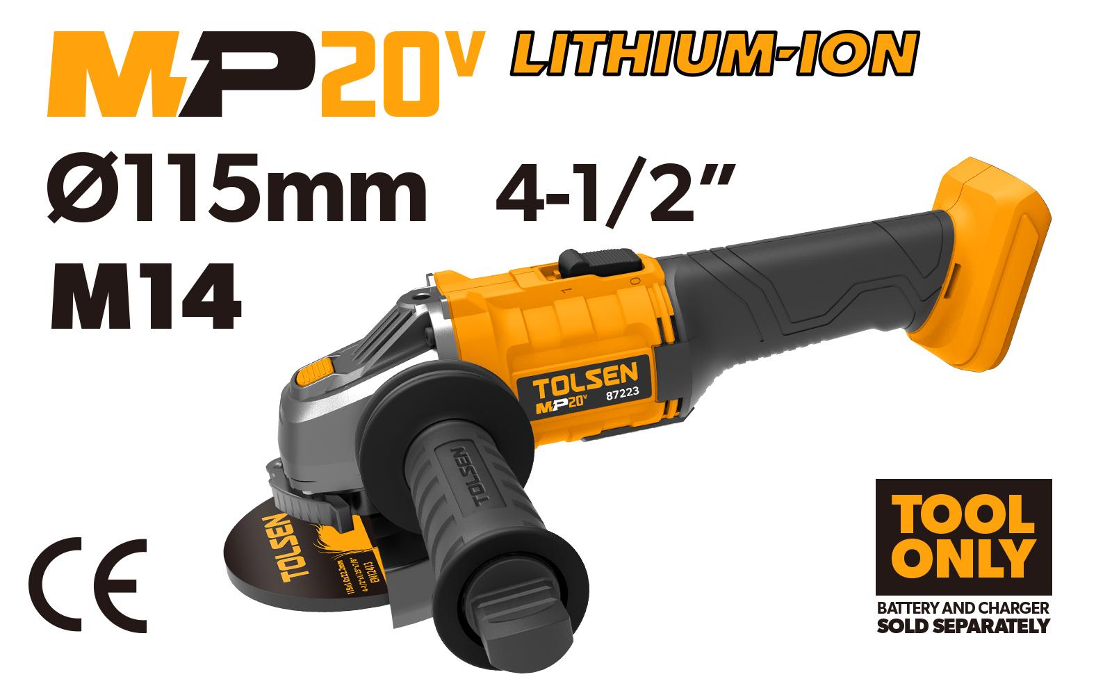 Tolsen Батериска аголна брусалка без батерија 115mm