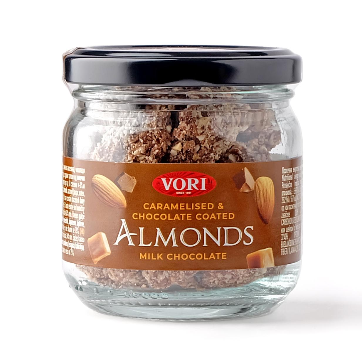 VORI'S DELICATESSEN Карамелизирани и чоколадирани бадеми во теглa (млечно чоколадо), 100 г