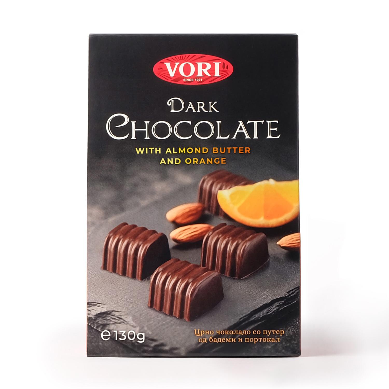 VORI'S DELICATESSEN Рачно изработени пралини со црно чоколадо, путер од бадем и портокал, 130г
