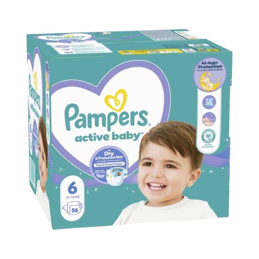 PAMPERS ACTIVE BABY 6 Пелени за деца 13-18kg 56 парчиња