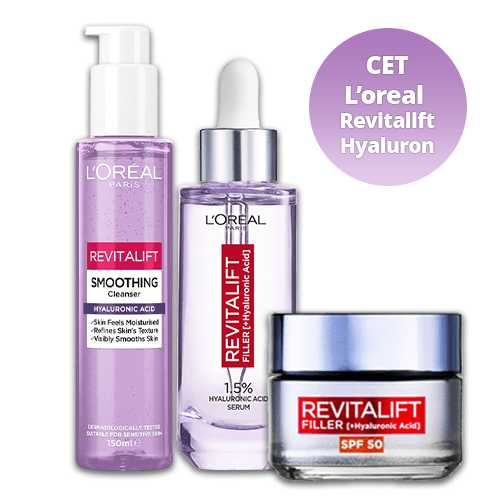 L’OREAL Сет Revitalift Hyaluron Filer – дневна крема со СПФ 50 + серум со хијалурноска киселина 1.5% + гел за миење лице