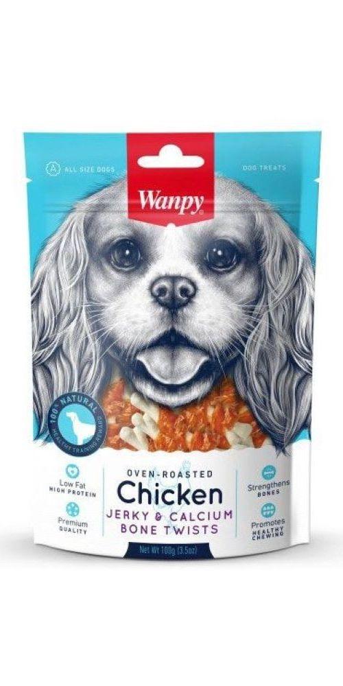 Wanpy Закуски за кучиња, Пилешко Jerky & Calcium Bone Twists, 100g
