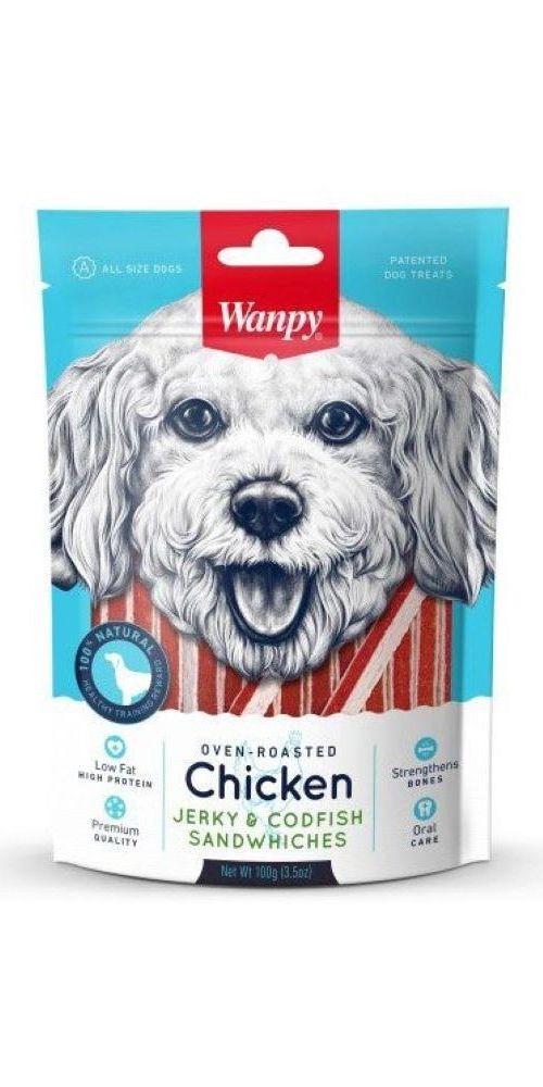 Wanpy Закуски за кучиња, Пилешко Jerky & bakalar Sandwiches, 100g