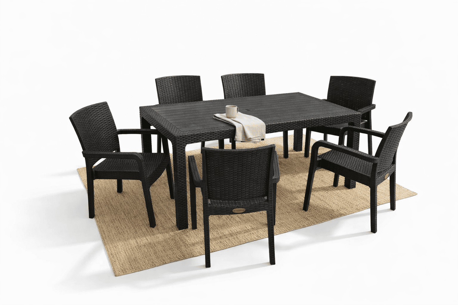 VECTOR Градинарски Сет Маса и 6 Столици Ратан, Црн