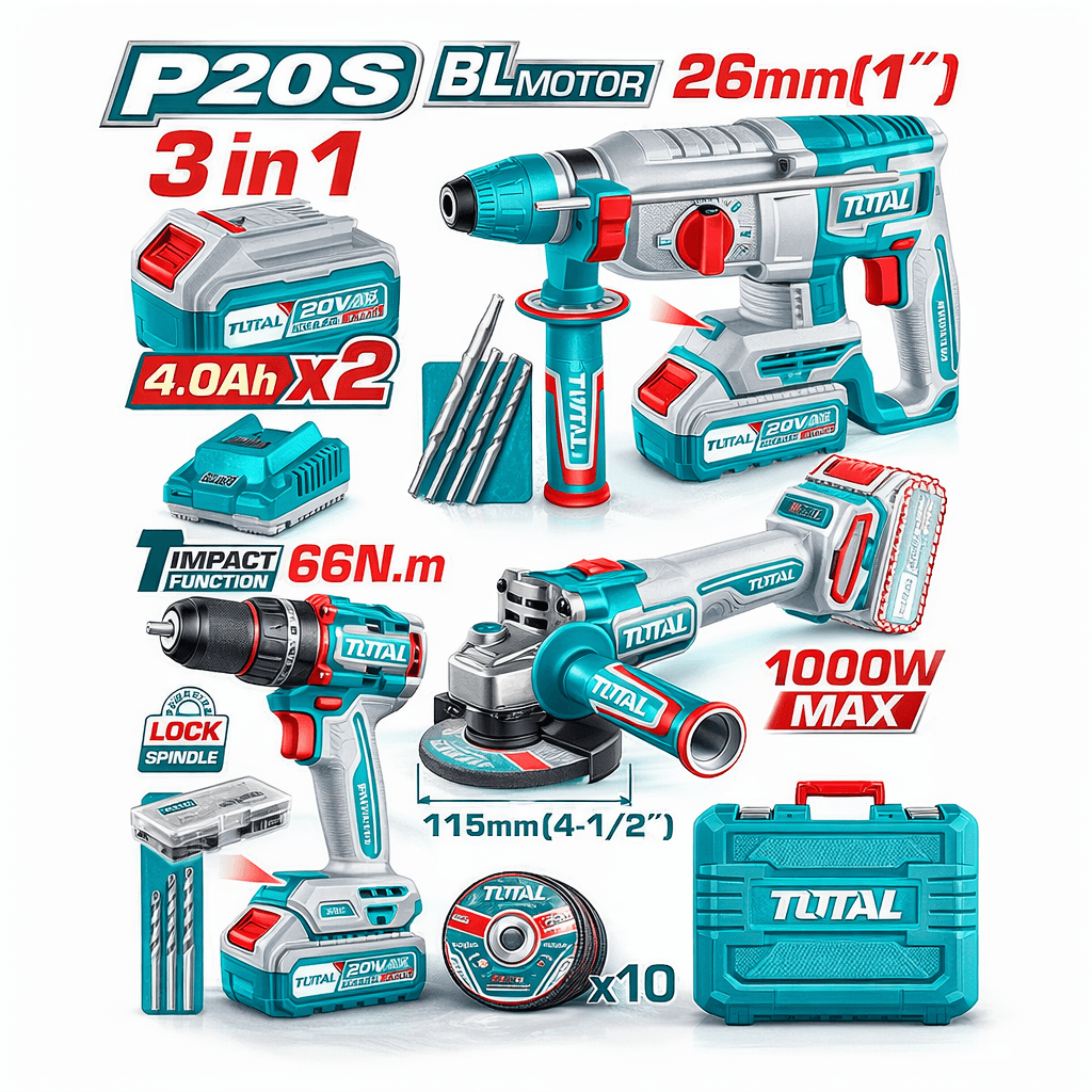 TOTAL Батериски Сет Комбо 3-во-1 P20S, BL Мотор, 2×4.0Ah Батерии, Перфоратор 26mm, Ударна Дупчалка 66Nm, Брусилка 115mm, TOSLI241198