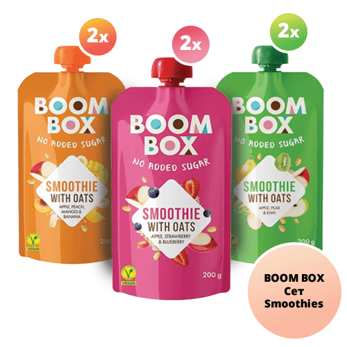 BOOM BOX Сет Smoothie Јаболко - Праска - Манго 200г x2 + Smoothie Јаболко - Круша - Киви 200г x2 + Smoothie Јаболко - Јагода - Боровница 200г x2