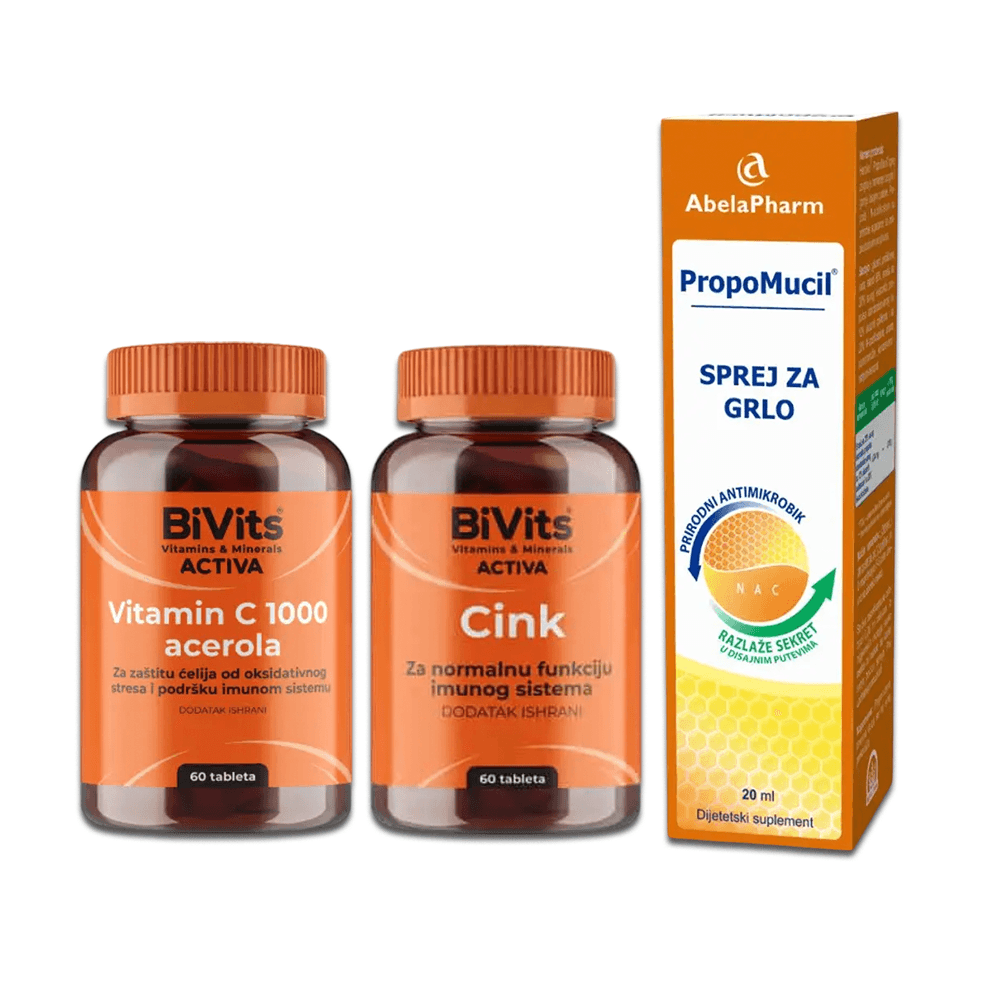 BIVITS СЕТ 3/1 Витамин C 1000 mg ACEROLA x 60 тбл.+BIVITS CINK 25MG X 60 TBL.+PropoMucil® спреј за грло, 20 мл