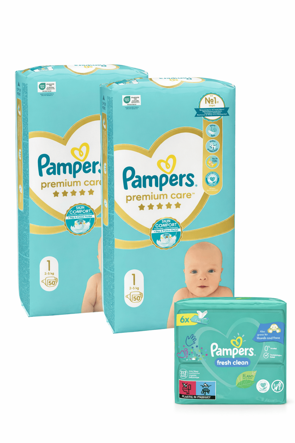 PAMPERS Premium Care Сет Пелени  големина (1) x2+ PAMPERS Fresh Clean Влажни марамчиња 6/1 = 100 пелени вкупно!