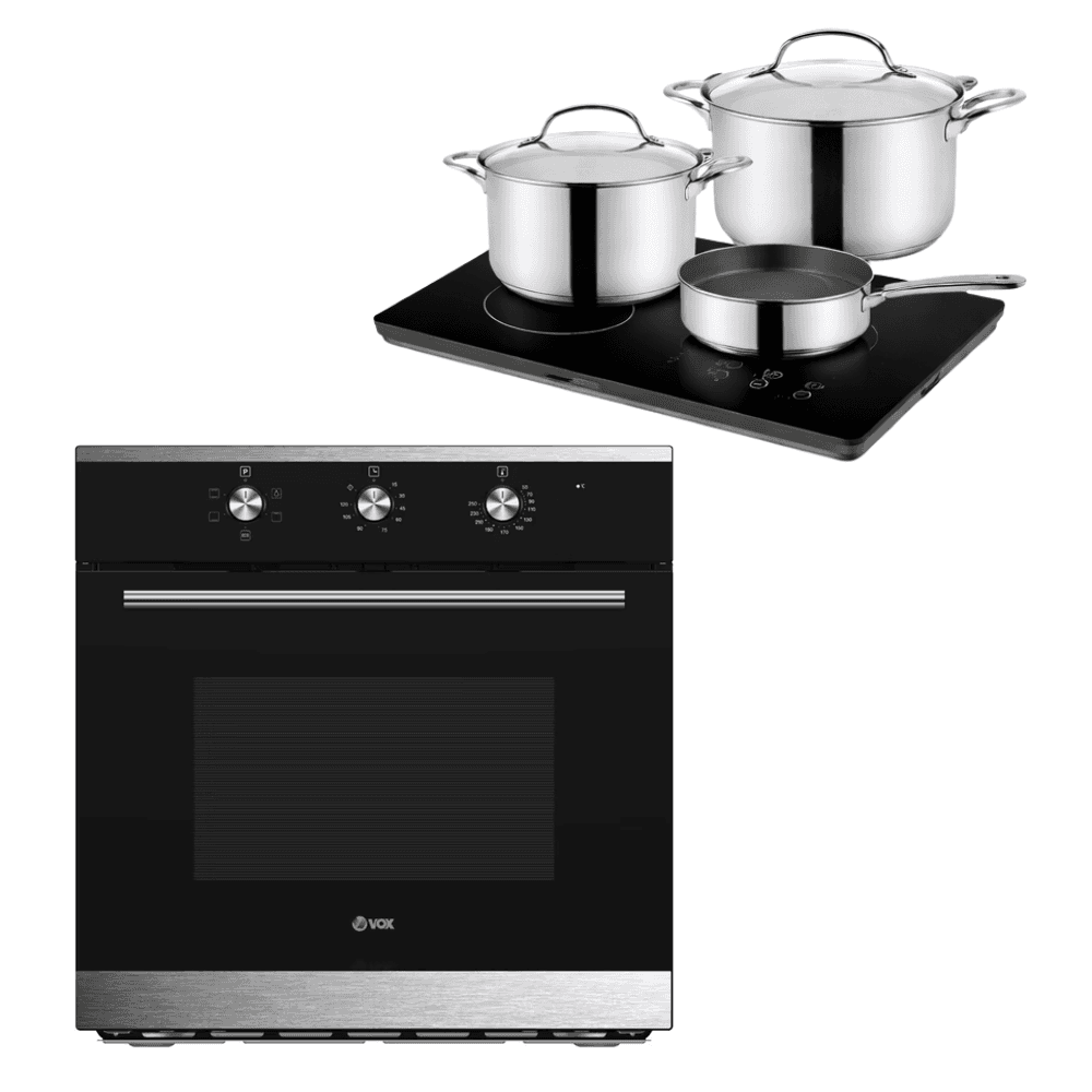 СЕТ VOX Плотна вградна EBC 200 DBR2 + VOX Фурна вградна EBM 7000 BIX + Bratstvo Inox Класик - Сет од тенџериња ф24 ф16 и тава ф20