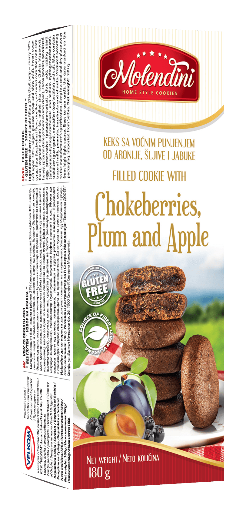 MOLENDINI Без глутенски Кекс со овошен фил од аронија, слива и јаболко - 180г.