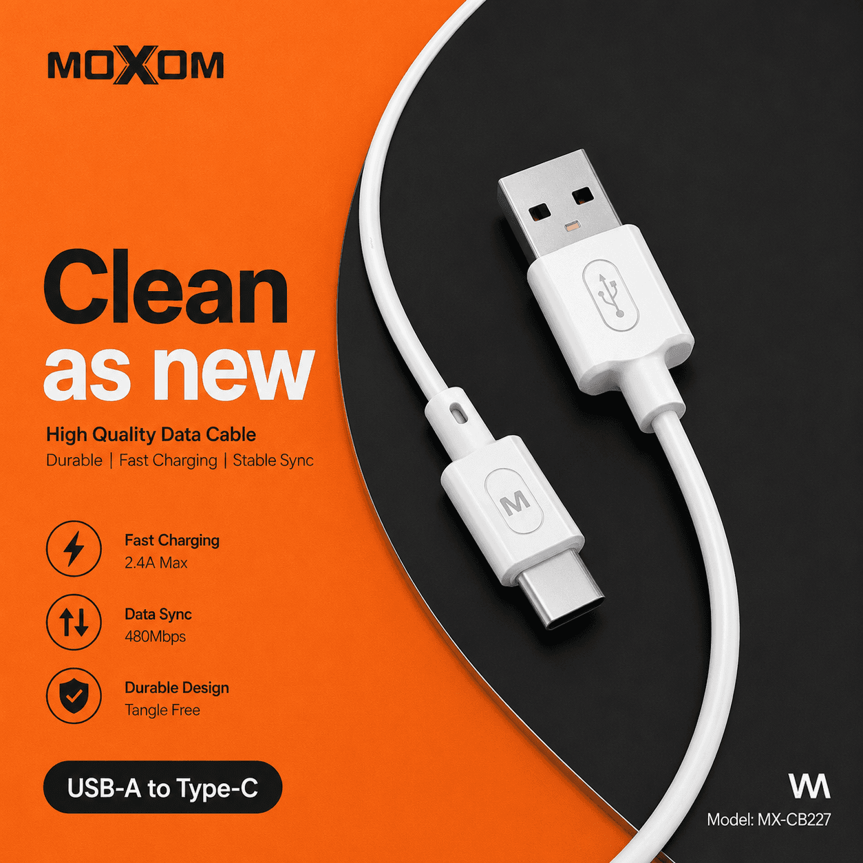 MOXOM Дата Кабел MX-CB227 Type-C 1m, Бел