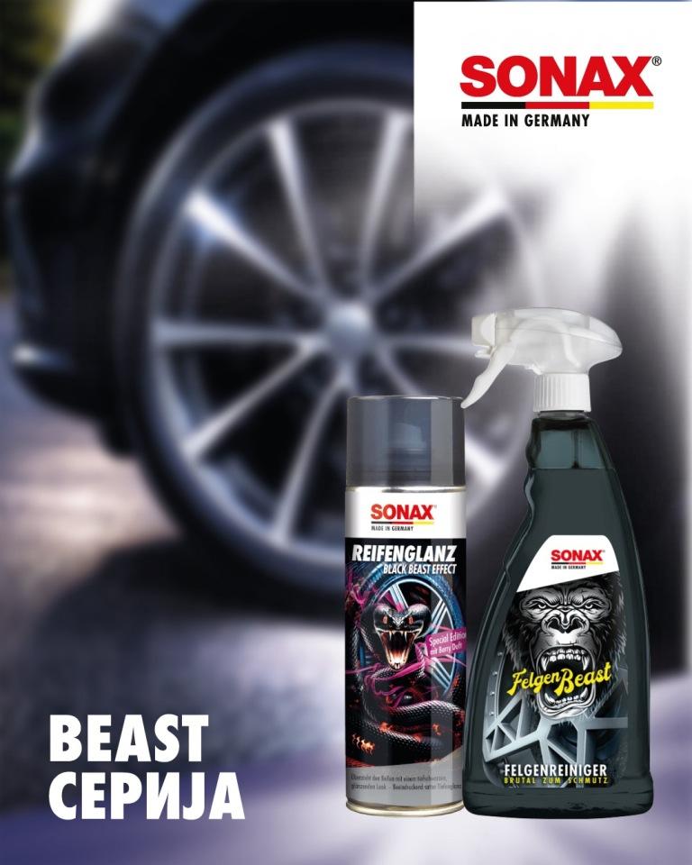 SONAX BEAST Сет - 2 производи, Чистач за фелни и Сјај за Гуми