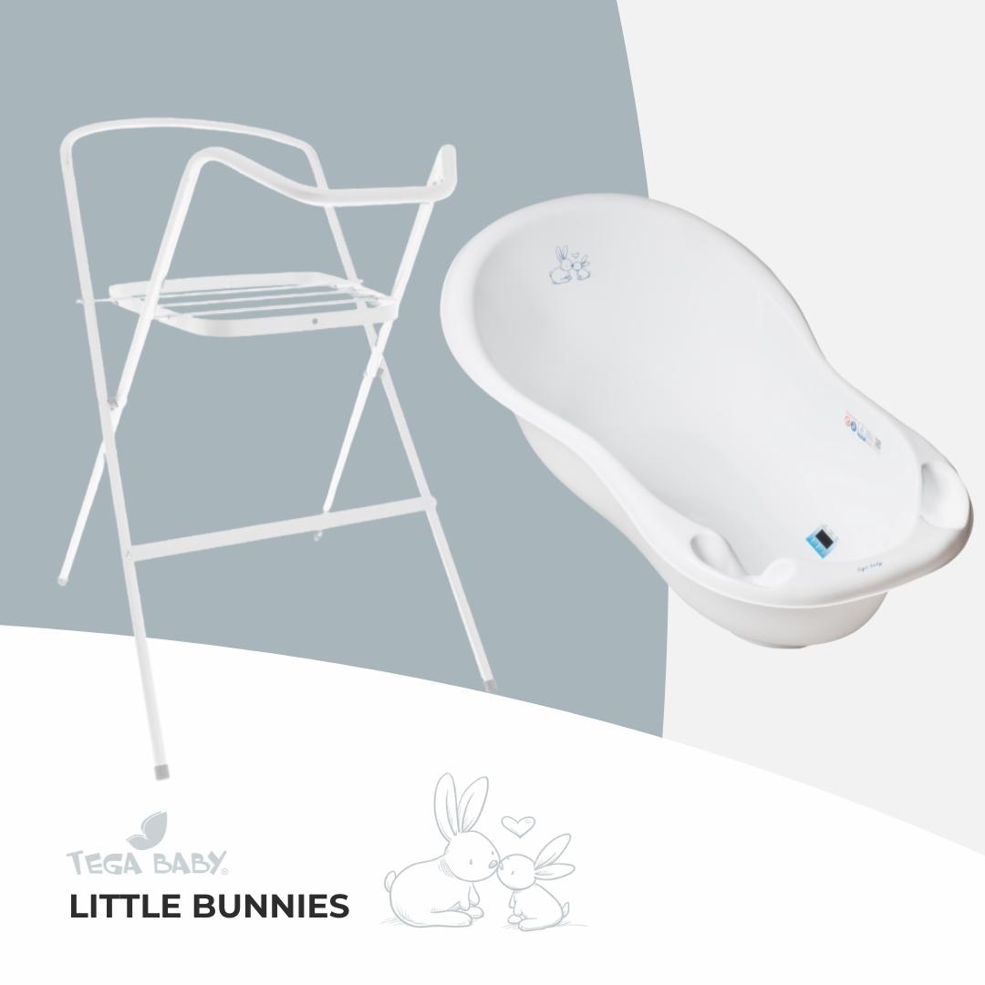 Tega Сет од  Метален држач за када со корпа 102cm и  Baby Када 102цм со испуст little bunnies Бела
