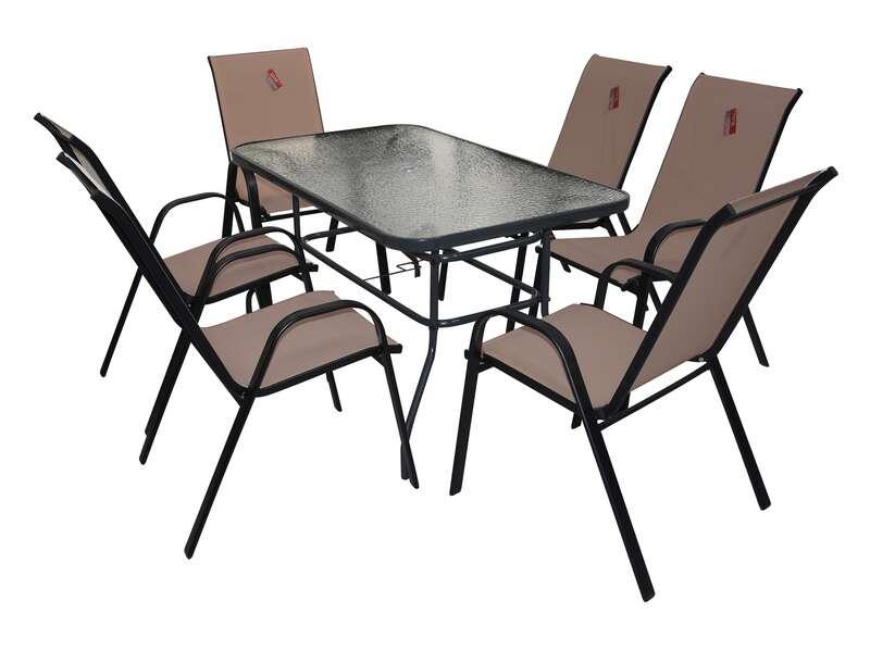 Verona Garden Градинарски сет – маса 140×80×70 cm со калено стакло + 6 столици (54×70×90 cm) со челична рамка и текстилен материјал, водоотпорен и УВ-отпорен