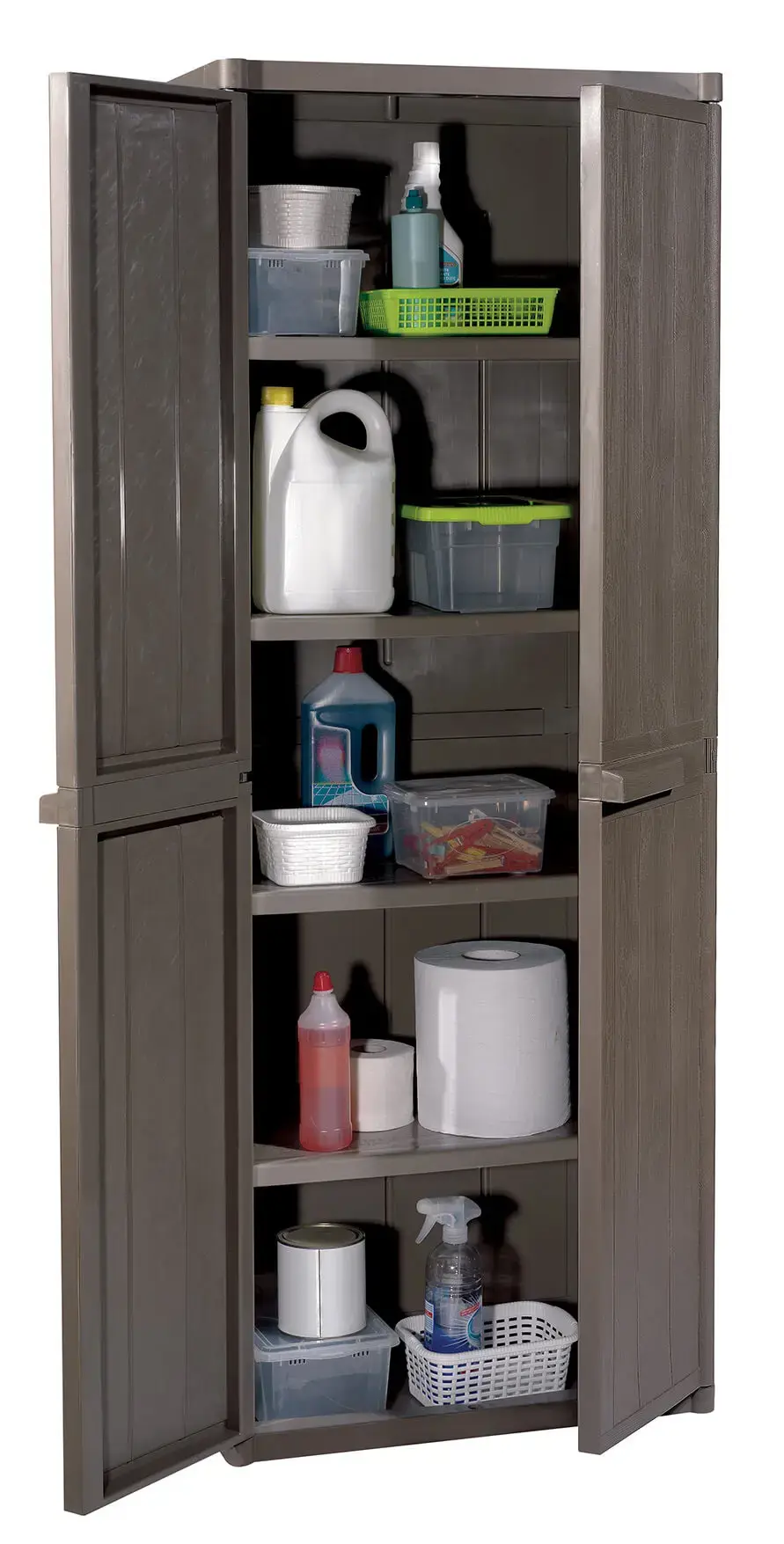 Gensini Универзален Шкаф за Складирање – Пластичен шкаф со дрвен ефект, погоден за тераса, двор, гаража или подрум, лесен клик-систем за монтажа без алат, издржлив и лесен за одржување