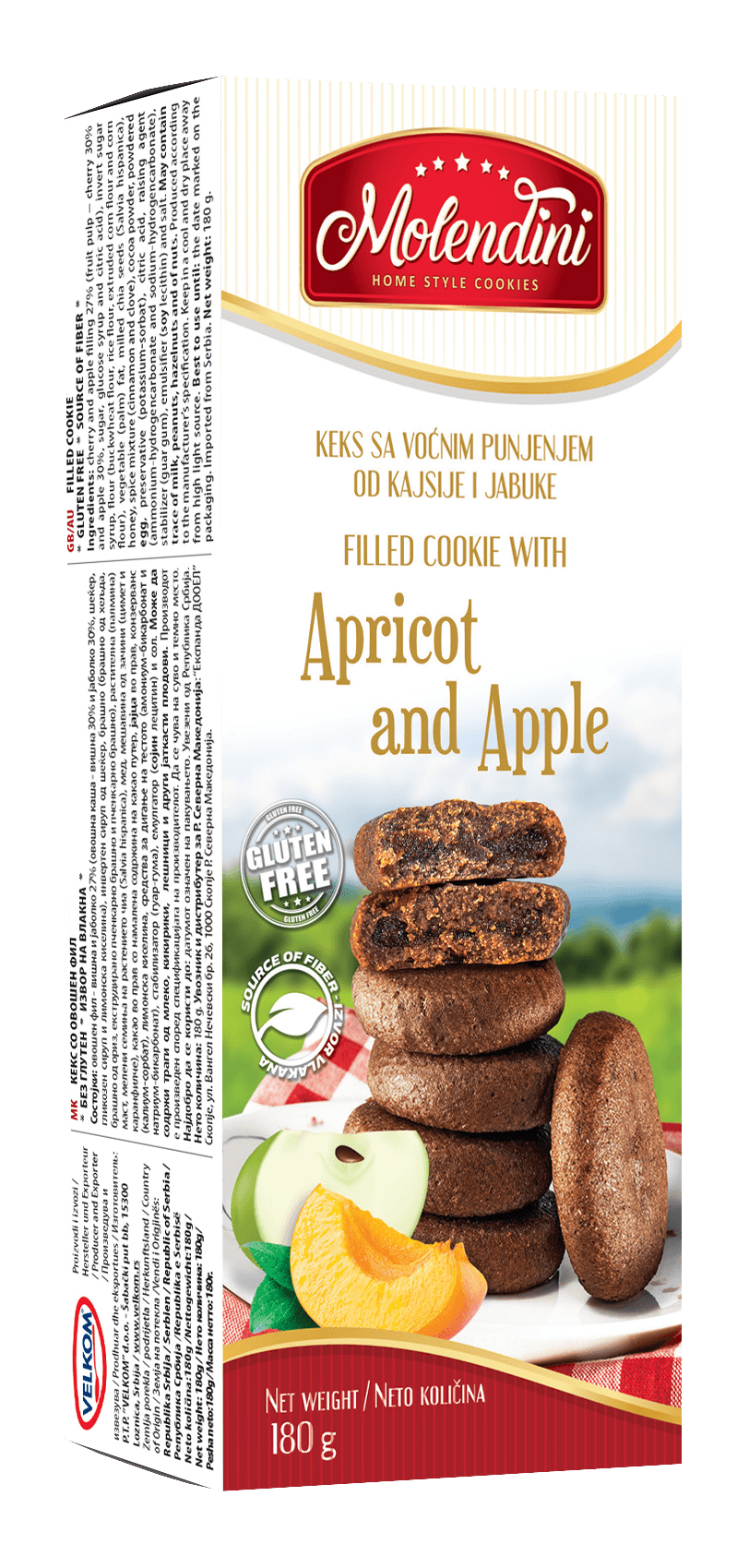 MOLENDINI Без глутенски Кекс со овошен фил од кајсија и јаболко - 180г.