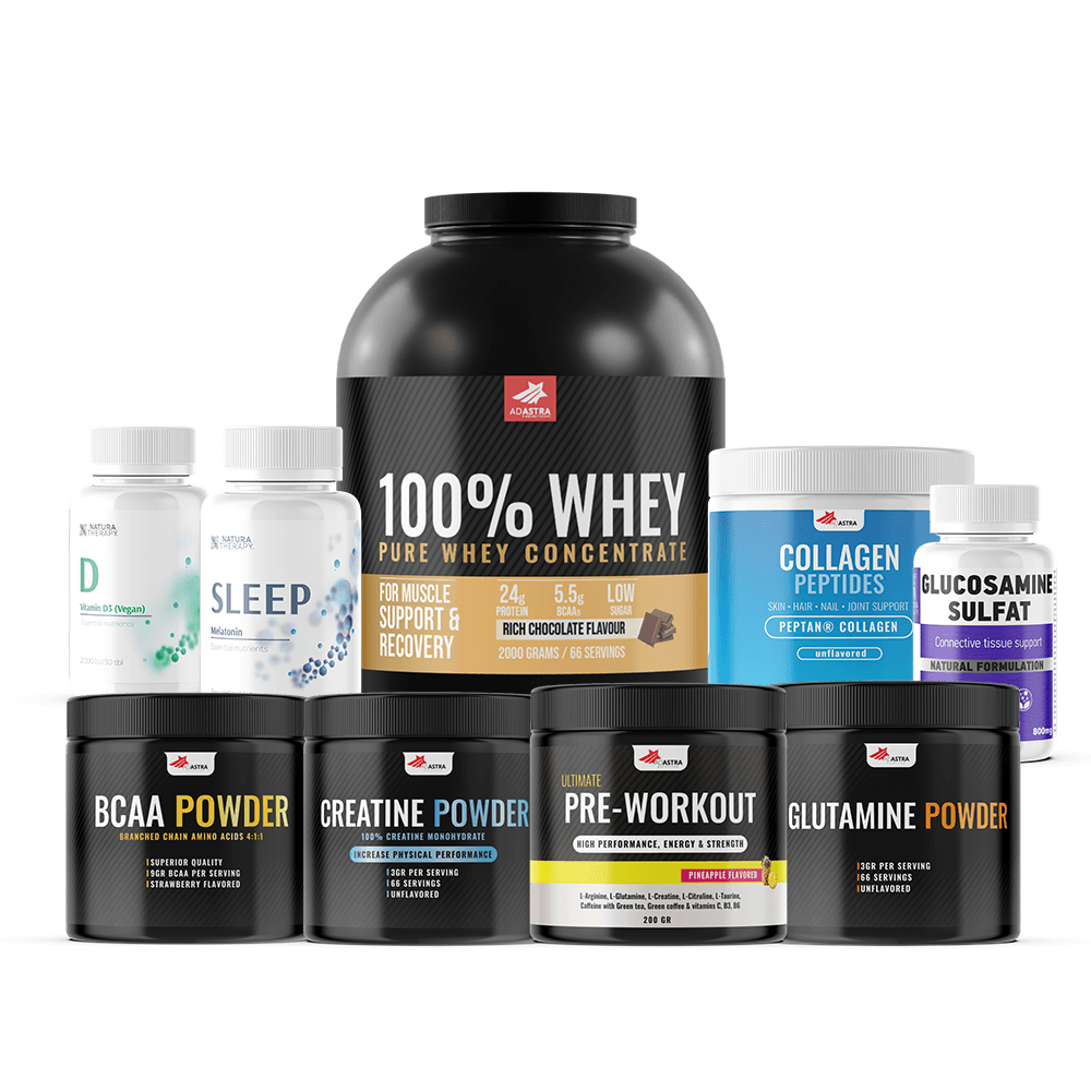 Adastra Сет 6/1 Протеин Чок.2kg, Preworkout200g, Креатин 200g, Бcаа200g, Л-Глутамин 200g, Колаген 200g + Подарок Витамин Д3 30Кап. + Мелатонин + Глукозамин