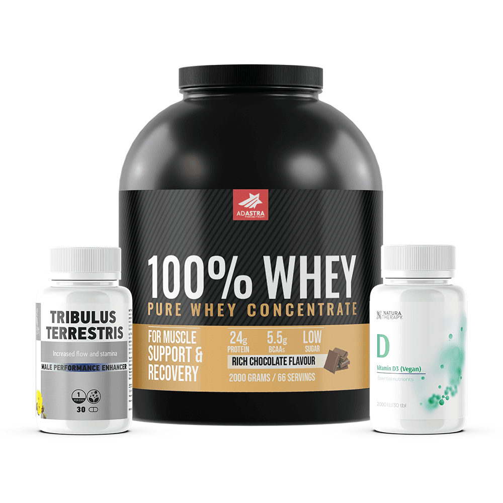 AdAstra протеин  whey 100% 2кг.+ подаров вит. д30 капс.+ трубулус 30капс.