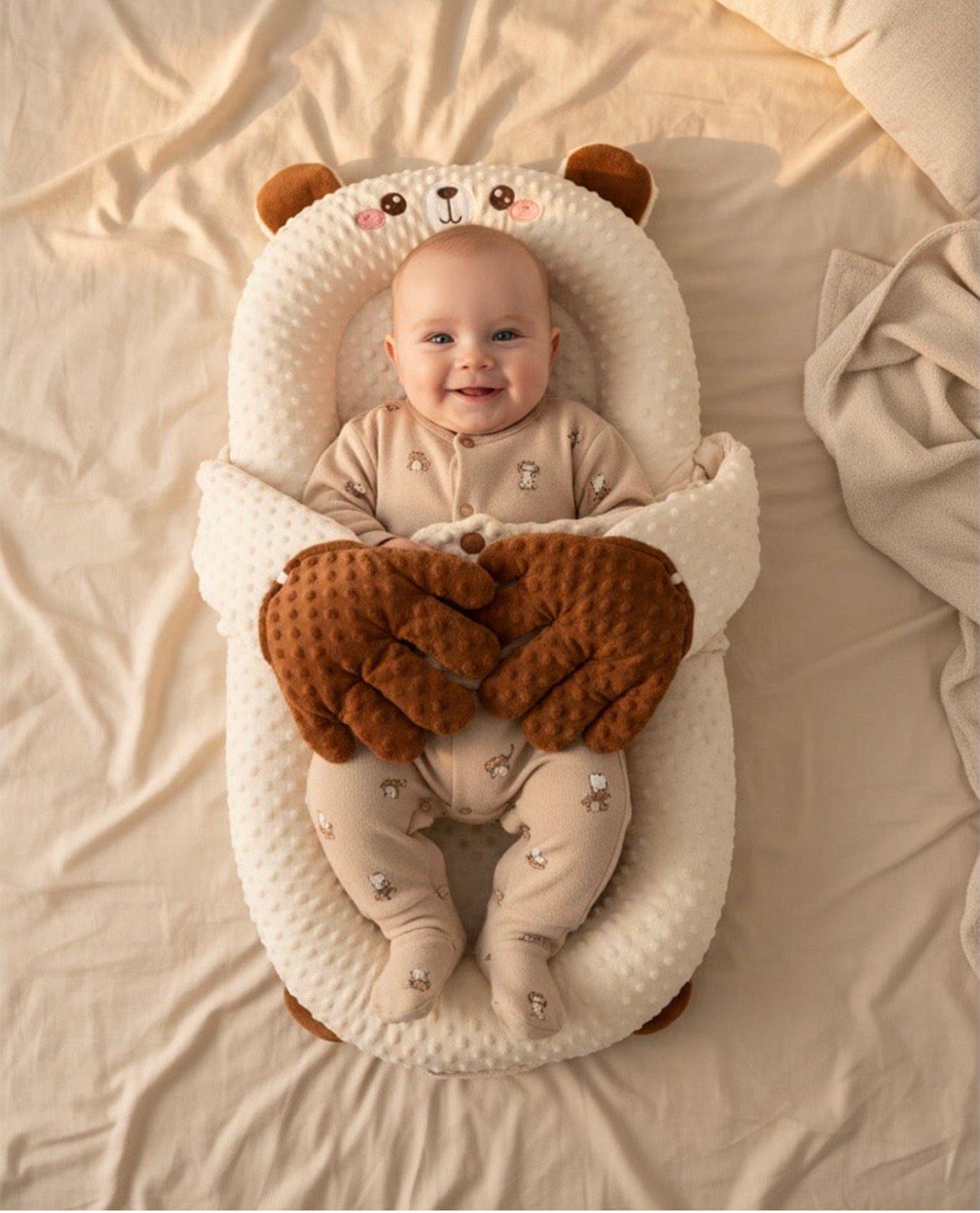 Мултифункционално бебешко гнездо со греење и смирувачки рачиња