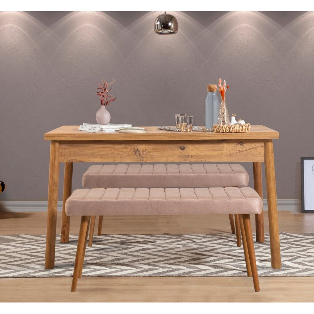 Hanah Home Комплет трпезариска маса и 2 клупи Costa 0900, валкано розова