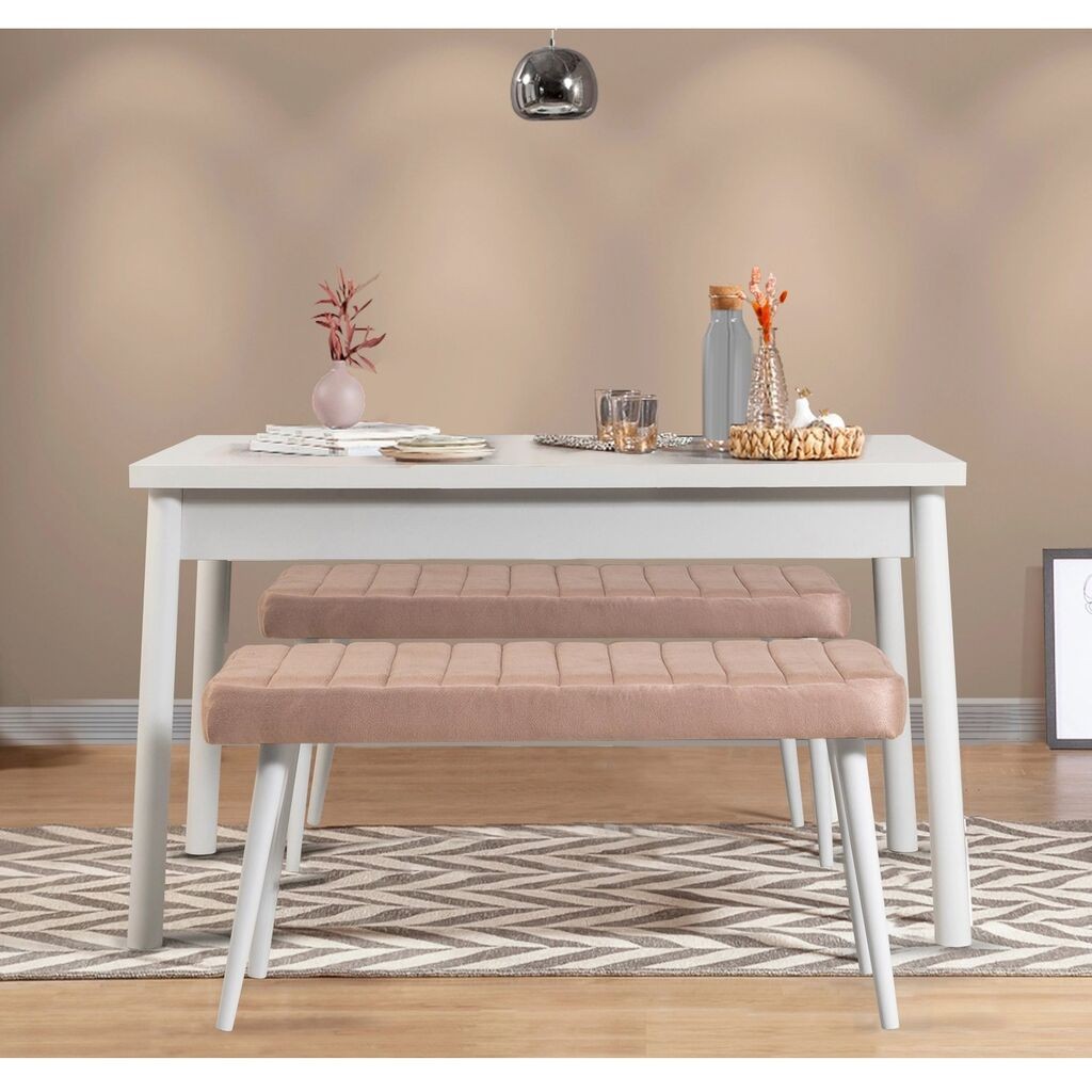 Hanah Home Комплет трпезариска маса и 2 клупи Costa 0900, валкано розова